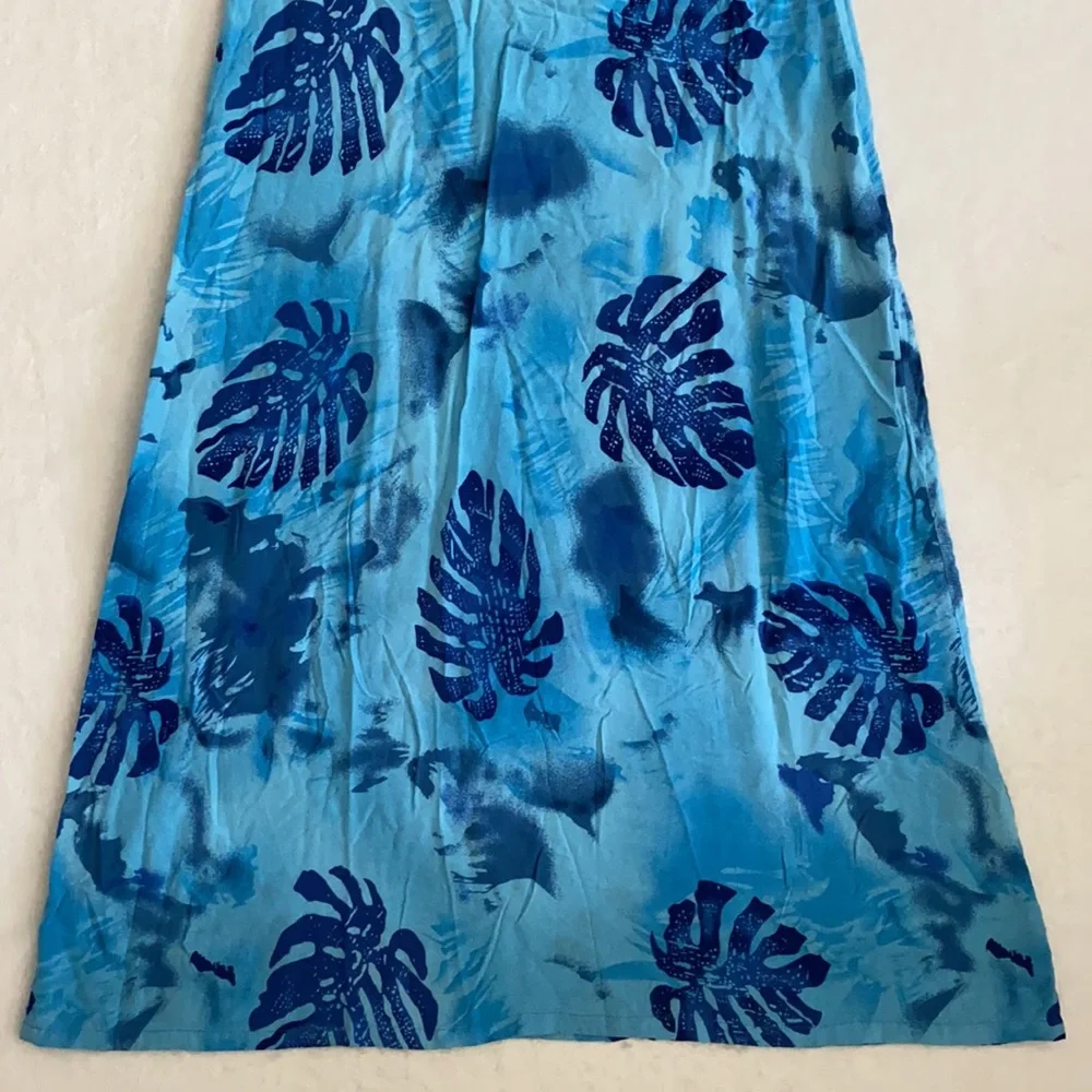 {VTG} Desert Shores | Tropical Palm Tree Leaf Print Short Sleeve Midi Dress Blue - Picture 14 of 15